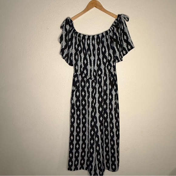 A.U.W. On/Off Shoulder Jumpsuit Black/White Print Wide Leg Bows Women’s Size 10 - Picture 1 of 14